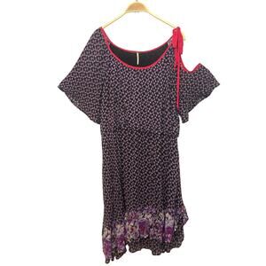 Free People Purple Pink Floral Asymmetrical Cold Shoulder Tie Mini Flounce Dress
